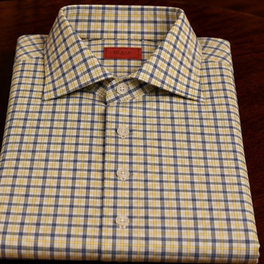 ISAIA Blue & Yellow Plaid Cotton Dress Shirt